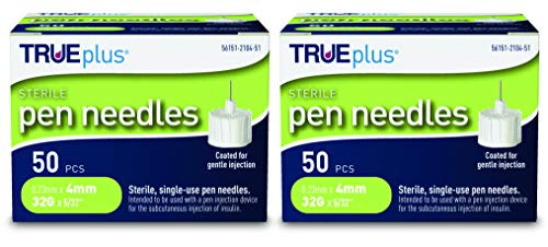 TRUEplus Pen Needles 32g 4mm (5/32 inch) - 2 x 50ct boxes (100 Pen Needles)