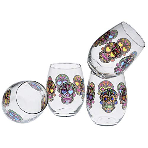 Culver Stemless Wine Glasses, 15-Ounce, Set of 4 (Sugar Skulls Clear)