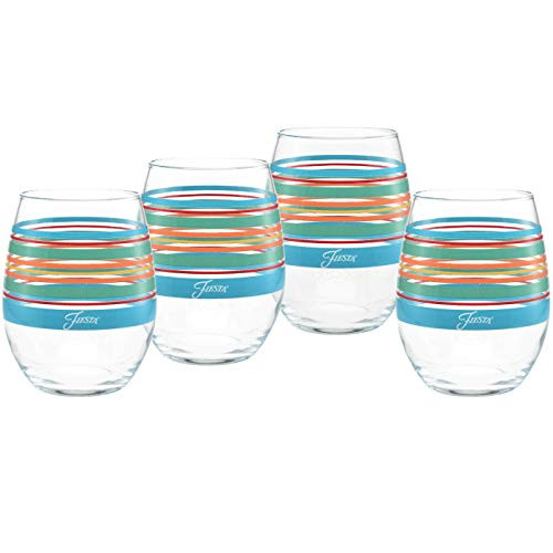 Officially Licensed Fiesta Stripes 15-Ounce Stemless Wine Glass (Set of 4) (Rainbow Radiance Collection)