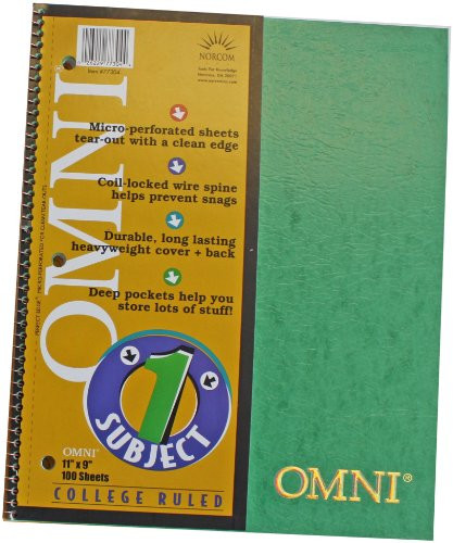 Norcom Omni 1-Subject Notebook, College Ruled, 11 x 9 Inches, 1 Notebook per Order, Assorted Colors (77304-12)
