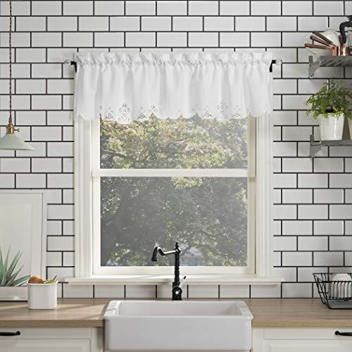 No. 918 Mariela Floral Trim Semi-Sheer Rod Pocket Kitchen Curtain Valance, 58" x 14", White