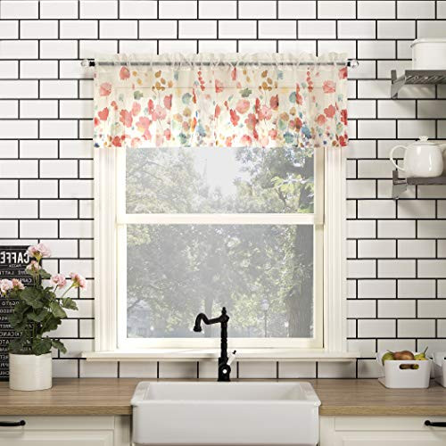 No. 918 Rosalind Watercolor Floral Semi-Sheer Rod Pocket Kitchen Curtain Valance, 54" x 14", Poppy Red