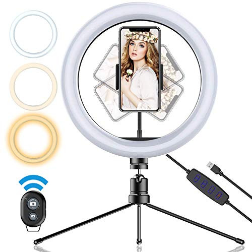 10" LED Ring Light Selfie Light with Tripod Stand & Phone Holder, Dimmable Makeup Light with 3 Light Modes & 10 Levels of Brightness for YouTube Video/Live Stream/Makeup/Photography