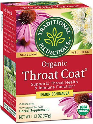 Traditional Medicinals Organic Throat Coat Lemon Echinacea Seasonal Tea (Pack of 1), Supports Throat Health & Immune Function, 16 Tea Bags