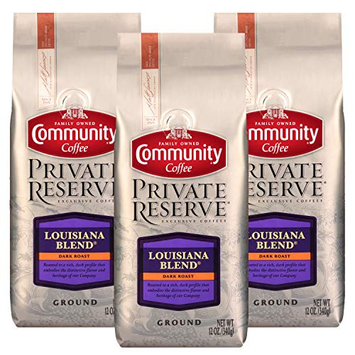 Community Coffee Louisiana Blend Dark Roast Gourmet Private Reserve Ground 12 Oz Bag (3 Pack), Full Body Rich Bold Taste, 100% Specialty Grade Arabica Coffee Beans