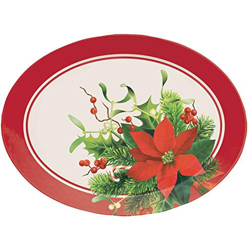 Creative Converting Christmas Poinsettia Oval Plastic Tray, 10" x 14", Multi-color