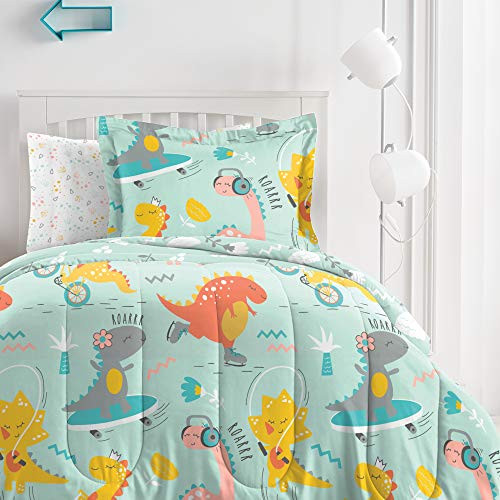 dream FACTORY Dino Time 5-Piece Ultra Soft Microfiber Comforter Set, Twin, Mint Green