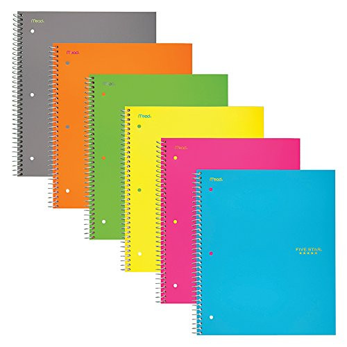 Five Star Spiral Notebooks, 1 Subject, Wide Ruled Paper, 100 Sheets, 10-1/2" x 8", Assorted Colors, 6 Pack (38046)