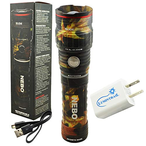 NEBO SLYDE KING 500 Lumen Rechargeable LED Flashlight Bundle with Lumintrail USB Wall Adapter (Camo)