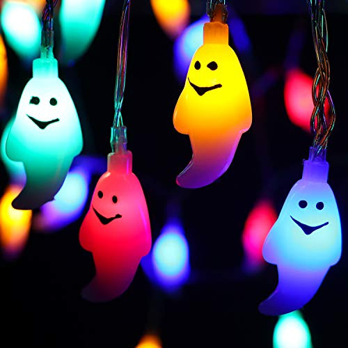 8 MODES Halloween Ghost String Lights Decorations,30 LED 19.7Ft Ghost Battery Operated for Outdoor Decor,8 Modes Steady/Flickering Lights