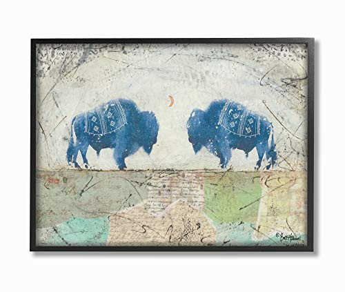 Stupell Industries Blue Buffaloes Watch The Moon Tribal Distressed Collage Black Framed Wall Art, 11 x 14, Multi-Color