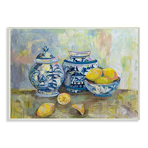 Stupell Industries Lemons and Pottery Yellow Blue Classical Painting, Design by Jeanette Vertentes Art, 10 x 15, Wall Plaque