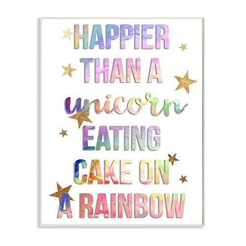 Stupell Industries Happier Than Unicorn Eating Cake on Rainbow Quote, Designed by Daphne Polselli Art, 10 x 15, Wall Plaque