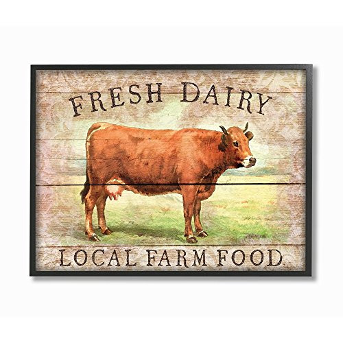 Stupell Industries Fresh Dairy Local Farm Cow Planked Look Black Framed Wall Art, 11 x 14, Multi-Color