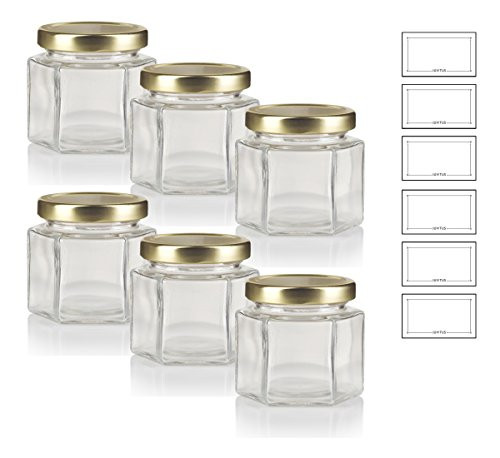 4 oz Clear Glass Thick Wall Hexagon Jars with Gold Metal Plastisol Lid (6 PACK) + Labels - Lead Free, Airtight Jar, Wedding and Shower Gifts