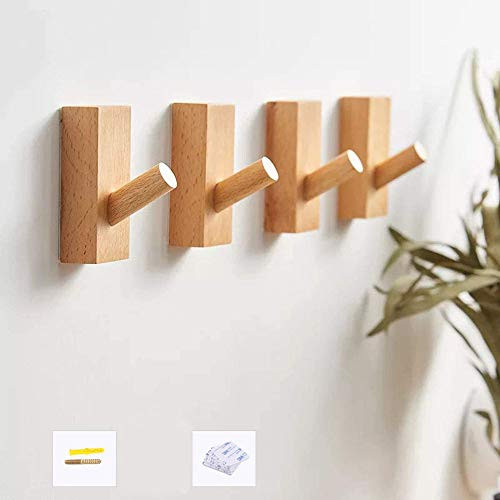 HomeDo 4Pack Wall Hooks Hat Rack, Wooden Coat Hooks Wall Mounted, Decorative Hooks Single Organizer Hat Hanger Towel Rack, Heavy Duty Hooks (Rectangle-Beech 4Pack)