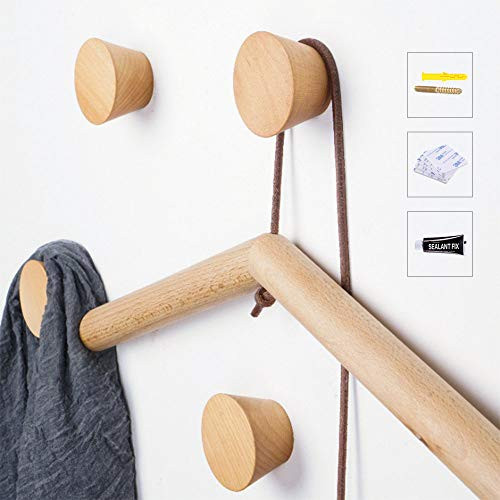 HomeDo 4Pack Wall Hooks Hat Rack, Wooden Coat Hooks Wall Mounted, Decorative Hooks Single Organizer Hat Hanger Towel Rack, Heavy Duty Hooks (Cone-Beech 4Pack)