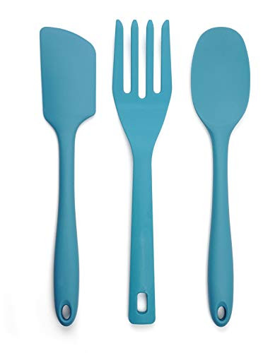 RSVP Ela Silicone Utensils, Spoon, Spatula, and Fork Set, Turquoise