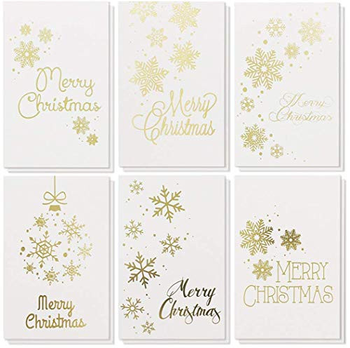 48-Pack Merry Christmas Greeting Cards Bulk Box Set - Winter Holiday Xmas Greeting Cards in 6 Gold Foil Designs, Envelopes Included, 4 x 6 Inches