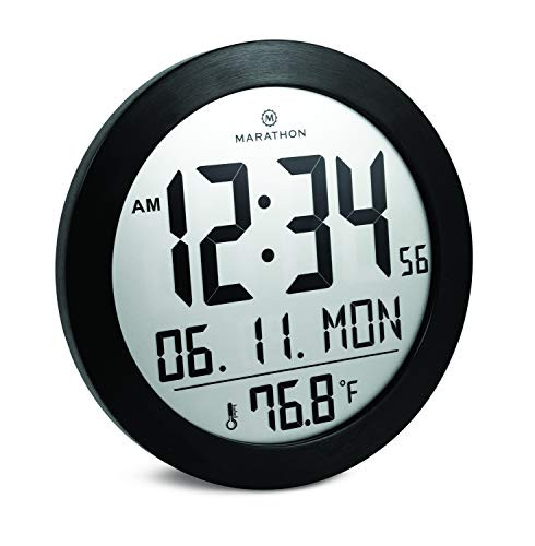 Marathon Round Digital Wall Clock with Date and Indoor Temperature. Large 8.5 Inches Diameter with Stand - Batteries Included - CL030069BS (Black Stainless Finish)