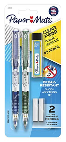 Paper Mate Clearpoint Break-Resistant Mechanical Pencils, HB #2 Lead (0.5mm), 2 Pencils (Black), 1 Lead Refill Set, 2 Erasers