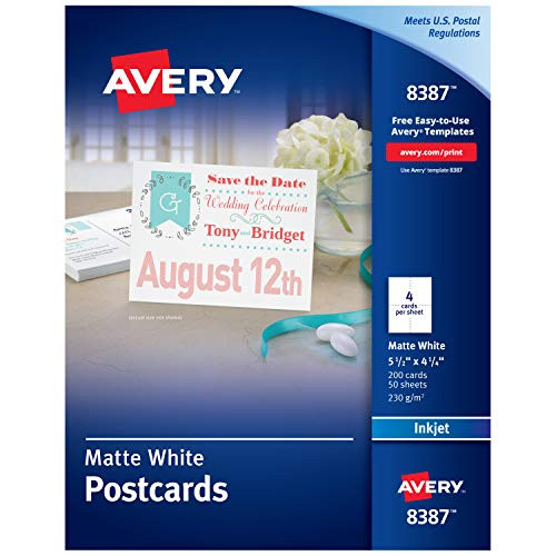 Avery Printable Cards, Inkjet Printers, 200 Cards, 4.25 x 5.5, U.S. Post Card Size (8387)