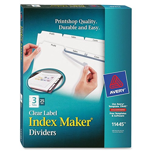Avery 3-Tab Binder Dividers, Easy Print & Apply Clear Label Strip, Index Maker, White Tabs, 25 Sets (11445)