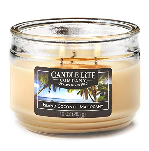 Candle-Lite Everyday Scented Island Coconut Mahogany 3-Wick Jar Candle, 10 oz, Tan