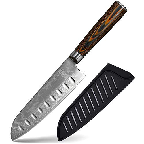 Santoku Knife 7" Inch - 67-layers Damascus Steel VG10 Classic Granton Edge Slicing Knives Professional - PakkaWood Handle