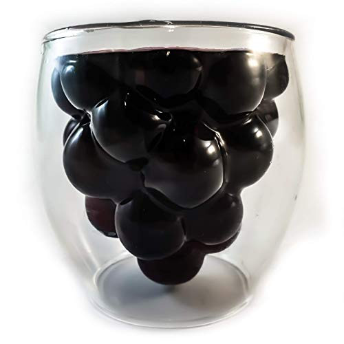 Gedo Aerating Stemless Wine Tumbler Double Wall Clear Grape Design | Novelty Glass | Insulated Red Wine Glasses | White Wine Glasses | Wine Aerator