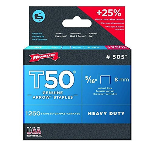Arrow Fastener 505 5 Pack 5/16in. T50 Heavy Duty Staples, 1,250 Staples Per Pack