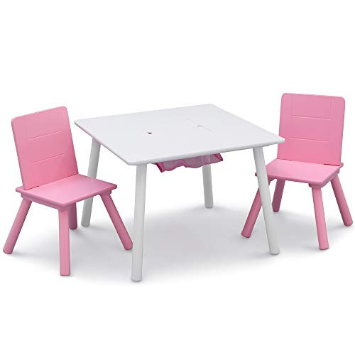 Delta Children Kids Table and Chair Set with Storage (2 Chairs Included) - Ideal for Arts & Crafts, Snack Time, Homeschooling, Homework & More, White/Pink