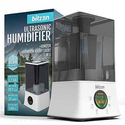 BITZEN Cool Mist Humidifier  Essential Oils Diffuser  Superior Ultrasonic Humidifier  Best for Large Bedroom, Office, Gym, Home, Baby - Whisper-Quiet Operation, Auto Shut-Off, 4.5 L