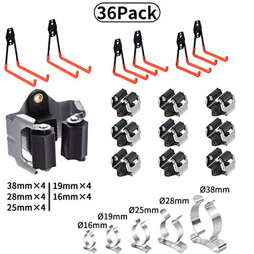 12 Pack Steel Garage Storage Utility Double Hooks Organizer,6 Mop Broom Holder Heavy Duty Wall Mount Tool Holder for Organizing Power Tools,Ladders,Bulk Items (Black)