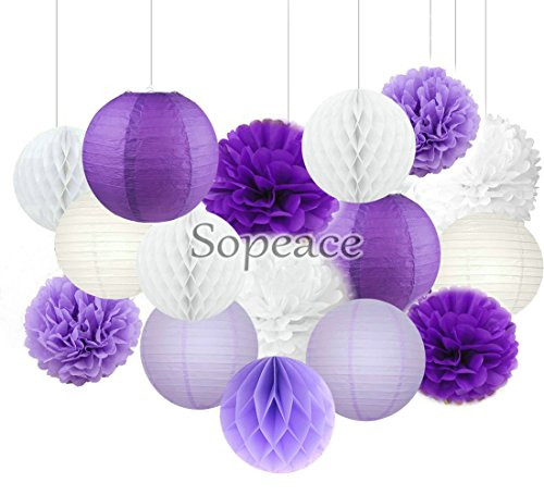 Sopeace 16 pcs White Lavender Dark Purple 10inch 8inch Tissue Paper Pom Pom Paper Lanterns Mixed Package for Purple Themed Party Wedding, Bridal Shower Decor Purple Baby Shower Wedding Decor