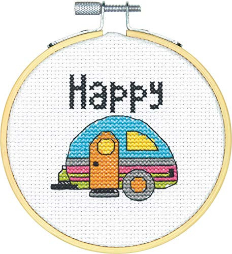 Dimensions Mini Counted Cross Stitch Kit for Beginners, 'Happy Camper', 14 Count White Aida Cloth, 4''