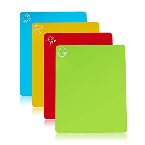 Flexible Plastic Cutting Board Set, Kitchen Cutting Board Mats Set, 4 Colored Boards With Food Icons