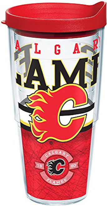 Tervis 1164777 NHL Calgary Flames Core Tumbler with Wrap and Red Lid 24oz, Clear
