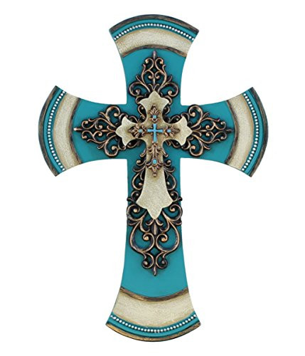 Old River Outdoors 11 1/2" Decorative Layered Tuscan Wall Cross Scrolly Fleur De Lis - Teal