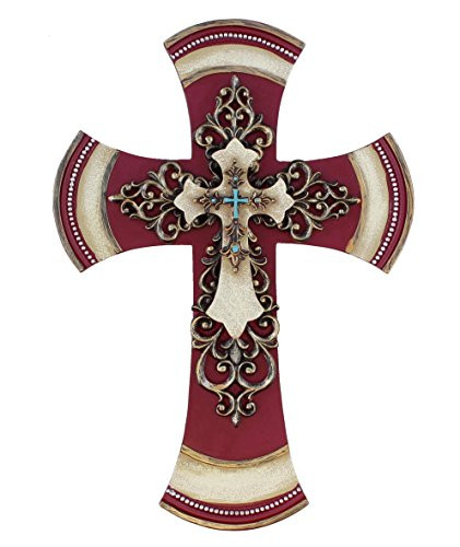 Old River Outdoors 11 1/2" Decorative Layered Tuscan Wall Cross Scrolly Fleur De Lis - Burgundy