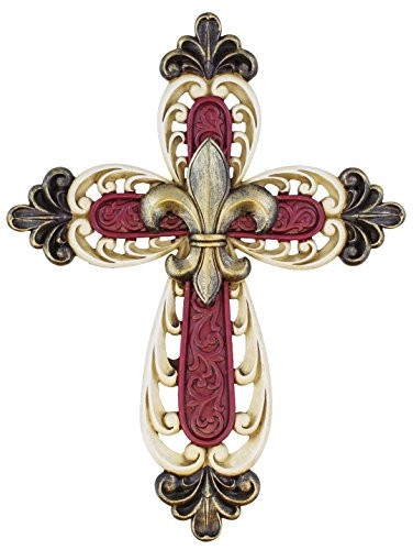 Old River Outdoors Ornate Fleur De Lis Decor Wall Mount Cross - Scrolly Art Details - Maroon and Cream White with Gold Accents