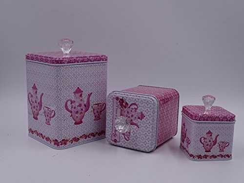 Beautiful Pink & White Set Of 3 Cookie Storage Tins, Shabby Chic, With Floral Design and Crystal Knobs 
