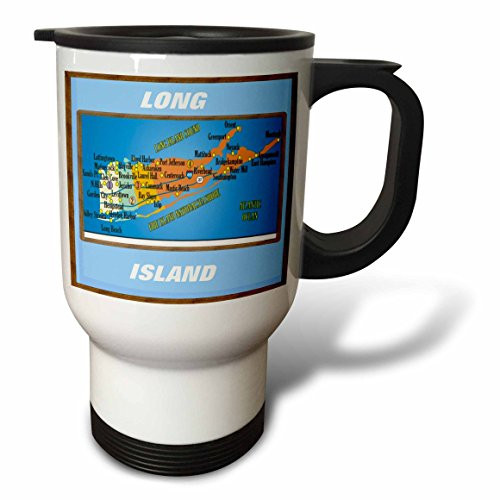 3dRose"Framed Map of Long Island" Travel Mug, 14 oz, Multicolor