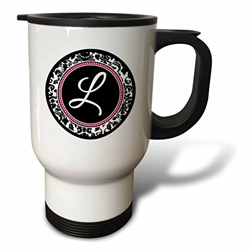 3dRose tm_154604_1" Letter L Stylish Monogrammed Circle Girly Personal Initial Personalized Black Damask with Hot Pink" Travel Mug, 14 oz, Multicolor 3dRose tm_154604_1" Letter L Stylish Monogrammed Circle Girly Personal Initial Personalized Black Damask with Hot Pink" Travel Mug, 14 oz, Multicolor