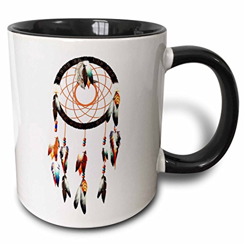 3dRose Native American inspired Dream Catcher design, colorful feathers and beads. Two Tone Mug, 11 oz, Black