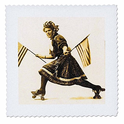 3D Rose Patriotic American Roller Skating Suffragette Vintage Early 1900S Square 12 by 12 Inch Quilt, 12 x 12