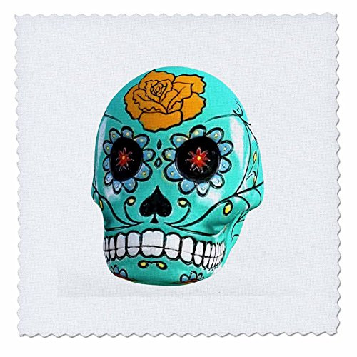 3D Rose Candy Skull in Aqua for Day of The Dead Square 14 by 14 Inch Quilt, 14 x 14