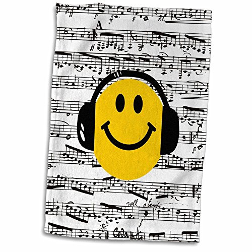 3D Rose Yellow Smiley Face Listening Headphones-Musical Note Sheet-Happy Dj-Deejay Hand/Sports Towel, 15 x 22