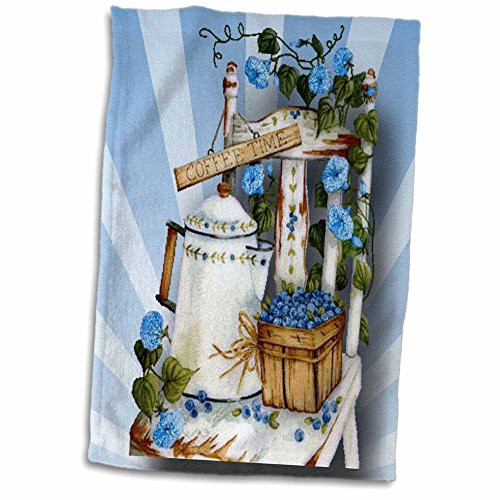3D Rose Garden Chair and with Pretty Blue Flowers and Tea Pot-and Basket of Blueberries Towel, 15" x 22", Multicolor