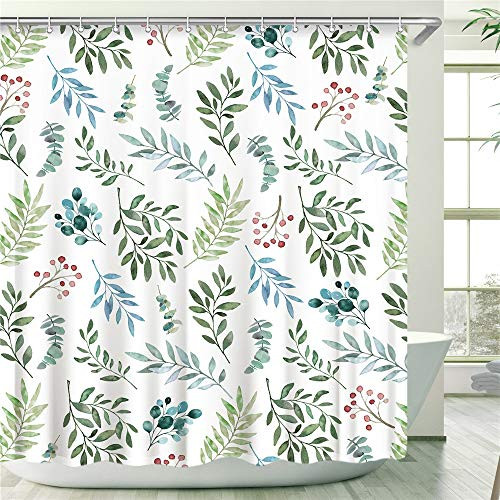 Stacy Fay Shower Curtain, Green Leaves Shower Curtains Set for Bathroom, Waterproof Fabric Bath Curtain with Hooks, 72x84 Inch, Decorative Watercolor Green Leaves Red Cherry Stacy Fay Shower Curtain, Green Leaves Shower Curtains Set for Bathroom, Waterproof Fabric Bath Curtain with Hooks, 72x84 Inch, Decorative Watercolor Green Leaves Red Cherry